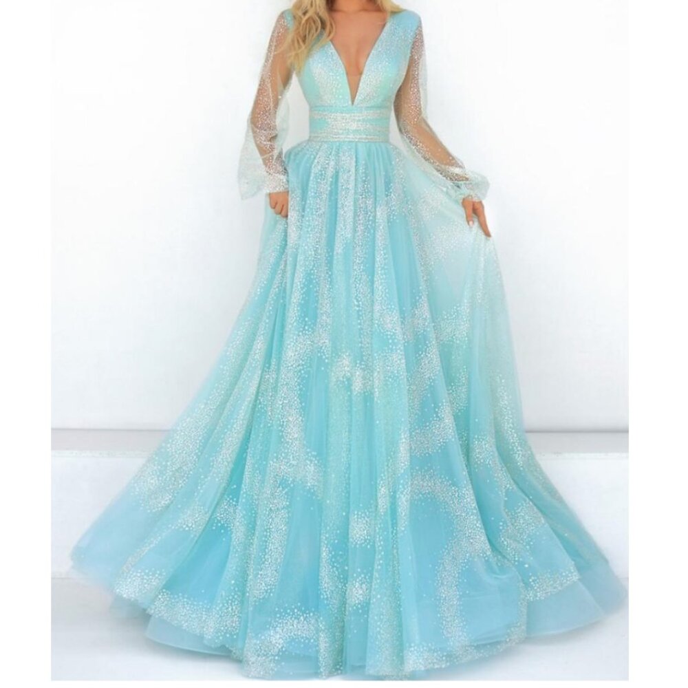 Tarik Ediz Light Blue Sparkle Tulle V-Neck Prom Gown